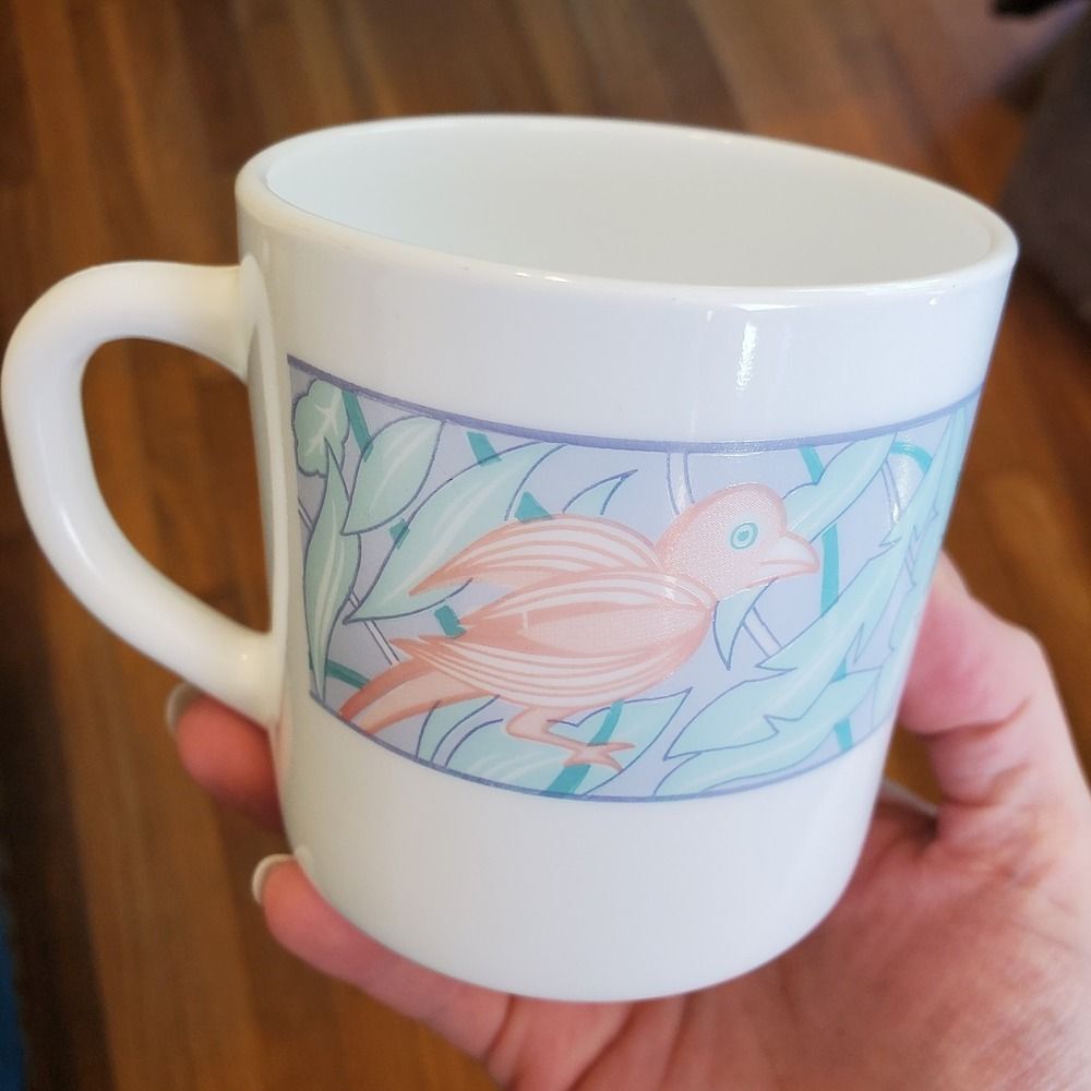 Vintage Arcopal France mug Paradis pattern bird foliage white‎ opal